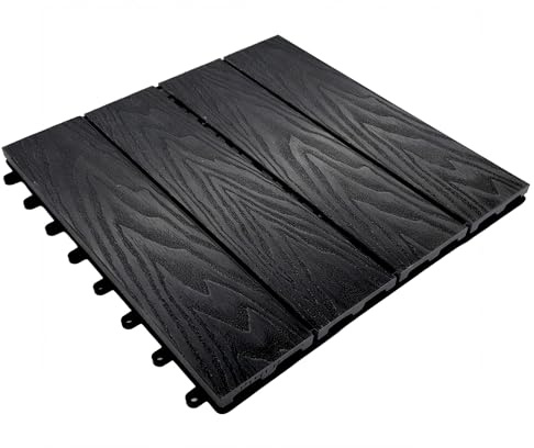 Floordirekt WPC Fliesen 30x30 cm, 1m² = 11 Terrassenfliesen, Klickfliesen, Balkonfliesen in Holzoptik - Bodenbelag für Balkon & Terrasse - wetterfest mit Drainagefunktion | Noble | Schwarz