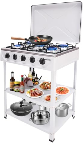 Levkitch Cocina de gas 5 fuegos, NG/LPG Cocina de gas con tapa y estante, Cocina de gas natural con 5 quemadores, Cocina de gas de control independiente (5 quemadores,Blanco)
