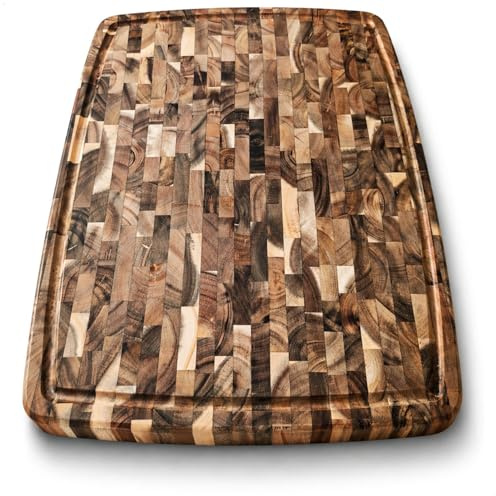 com-four® Planche à découper Bois 46 x 36 cm, Planche en Acacia | modèle épais à motif damier - billot robuste