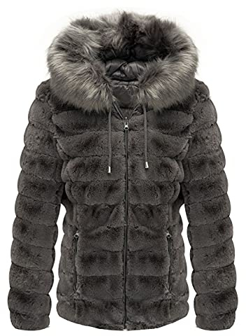 Giolshon Chaqueta Reversible de piel Sintética para Mujer, Abrigo Acolchado con Capucha Cálido de Invierno 19225 Gris XL