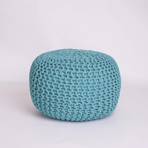EXQUIZIT HOME Gestrickter runder Sitzhocker, Fußhocker, Ottomane, groß, 100 % Baumwolle, grob, marokkanisch, 50 cm, Blaugrün