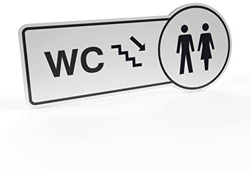 Betriebsausstattung24 Hinweisschild WC Treppe runter - Aluminium- Verbundplatte (BxH): 30,0 x 13,0 cm - Befestigungsart: Zum Verkleben oder Verschrauben - Symbol und Text Schild - WC Schild