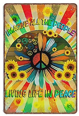 Dreacoss Imagine All The People Living Life in Peace SunflowerTin Signs, Peace Sign Hippie Funny Metal Sign Vintage Wall Art for Kitchen Garden Bathroom Farm Home Coffee Decor Tin Sign, 8x12 inches