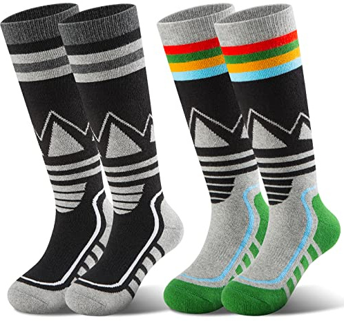 YOVOHARI Kids Ski Socks 2 Pairs/3 Pairs Warm Thick OTC Snow Socks for Boys Girls Winter Skiing Snowboarding(Black&Green-S)