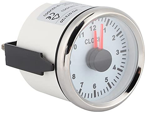 Montre Automatique de Jauge D'horloge Universelle de 2 Pouces Indicateurs de Tableau de Bord 0-12 Heures Affichage Rétro-Éclairage Rouge 12V/24V pour Voiture Bateau Yacht(Cadre argenté sur blanc)