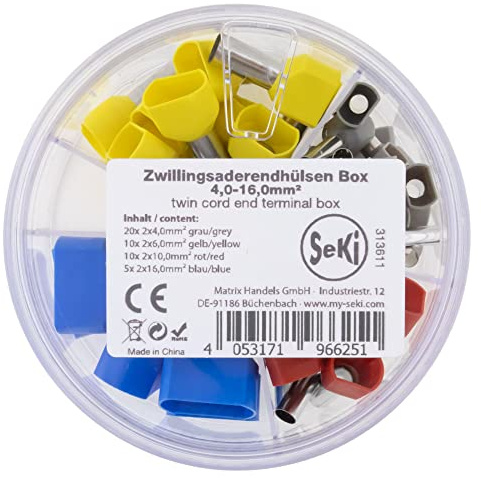SeKi Zwillingsaderendhülsen Sortiment Streudose isoliert 45-teilig 4,0-16,0mm² (20x 2x4,0mm² grau, 10x 2x6,0mm² gelb, 10x 2x10,0mm² rot, 5x 2x16,0mm², blau) Aderendhülsen