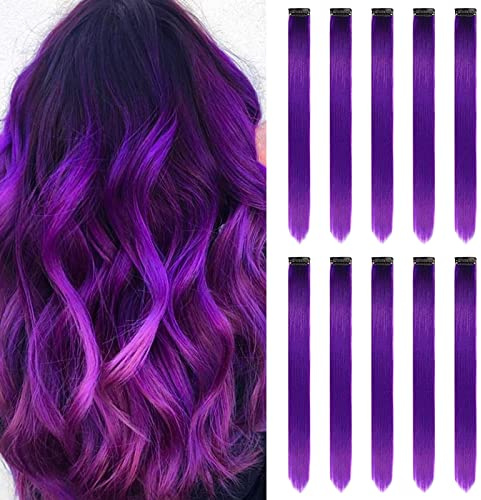 Farbige Haarverlängerungen Clip In Für Mädchen 22 Zoll Bunte Gerade Haarverlängerungen Für Party Highlights Haar Zubehör Haarteile Für Kinder Frauen（10 PCS Lila)