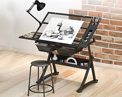 Landpink Glass Drafting Table Art Desk – Adjustable Professhional Artwork Drawing Drafting Table Desk, Glass-Topped Art Table for Craft Station Studio Home Office School w/Drawers (Black)