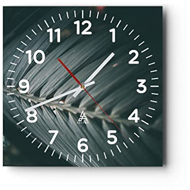 Modern Wanduhr Blatt Palme exotisch 30x30cm Quadrat Klein Wand Uhr Glas Analog Zimmeruhren Küche Büro Wohnzimmer Glasuhr Wall Clock Dekoration Design Wanddekoration Küchenuhr C4AC30x30-4907
