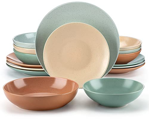 vancasso Sabine Stoneware Dinner Sets- Semimatte Sesame Glaze Crockery - 16 Pieces Dinner Service Set for 4, Include Dinner Plate, Dessert Plate, Pasta Bowl and Cereal Bowl, Multicolorful