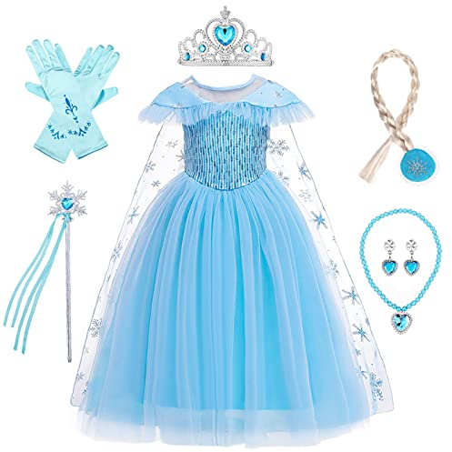 LOBTY Mädchen Elsa Prinzessin Kleid mit Accessoires Schneekönigin Verkleidung Kinder Prinzessin Kleid Geburtstag Weihnachten Party Halloween Karneval Cosplay Kostüm Blau, 110