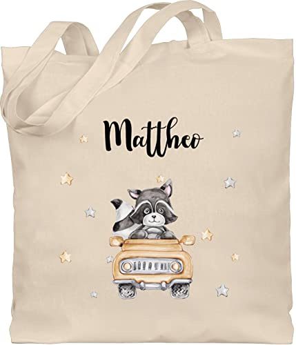 Geschenk mit Namen personalisiert by Shirtracer - Baumwolltasche - Tiere - Süßer Waschbär Rennfahrer Motiv Baby