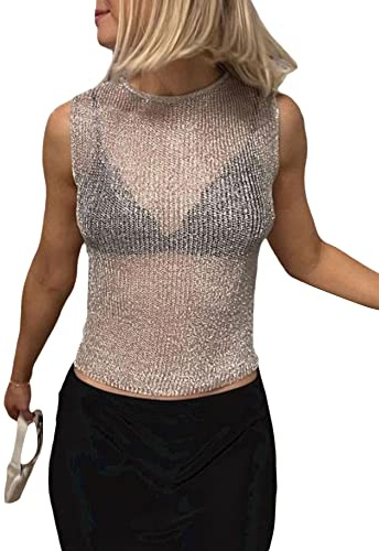 Yoisdtxc Damen Sexy Shirts Mesh Durchscheinende Glitzer Pailletten Langarm Cover Up Y2K Flare Sleeve Cropped Top Rollkragen Button Down Shirt Streetwear, H-silber, Small