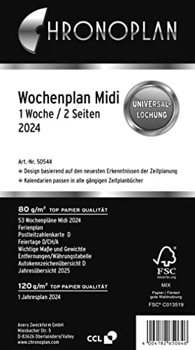 Chronoplan 50544 kalenderinlägg 2024 (veckoplanering midi (96 x 172 mm) ersättningskalendarium för mötesplanerare, perfekt för detaljerad veckoplanering, 1 vecka på 2 sidor i kolumner, med universell hål), vit