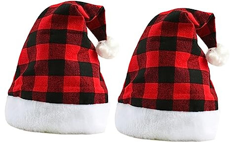 HONMEET 2 StüCk Kariert WeihnachtsmüTzen FüR Erwachsene Santa Hat Weihnachtsmann Party Requisiten Weiches Material Komfortable Festliche Dekoration