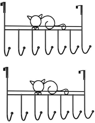 GVRGO 2er Set Türhaken, 7 Haken Türhakenleiste zum Einhängen, Kleiderhaken Tür Ohne Bohren, Garderobenhaken tür für Küche, Badezimmer, Flur und Schlafzimmer- Schwarze Katze