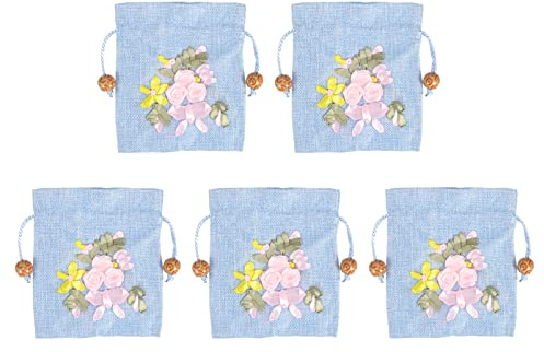 AOKWAWALIY 5 Stück Baumwoll Leinen Stickereibeutel Lila Geschenktüten Musselinbeutel Hochzeitsfeier Süßigkeitsbeutel Kordelzug Geschenktüte Reise Make Up Set Geschenktüten