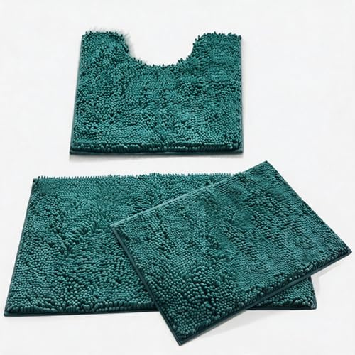 MEGAROOM Chenille Badezimmerteppich Set 3 Teilig, Ultra-weich Badematte & U Förmige wc Vorleger, Antirutsch Badezimmer Set Waschbar für Badezimmer, WC, Wohnzimmer, Schlafzimmer, Dunkelgrün