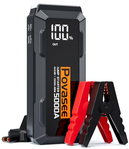 Povasee A40 Starthilfe Powerbank, 5000A Spitzenstrom Auto Starthilfe Powerbank mit LCD Display, Jump Starter mit USB Schnellladung und LED Taschenlampe für 12V Auto (Bis zu Alle Benzin/10L Diesel)