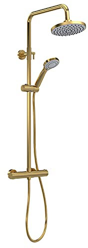 Balterley Thermostatic Shower Mixer Kit with Round Head, Handset, Mixer Bar & Adjustable Riser Rail, Shower Head and Hose, Rainfall Showerhead and Hose Set - 267 x 429 x 1245mm (Brushed Brass)