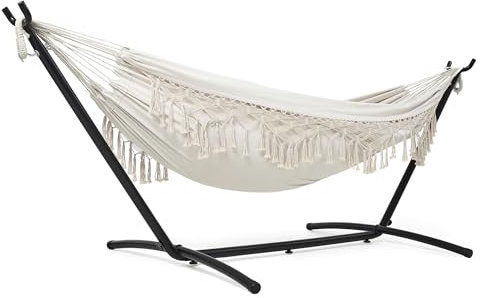 Mondeer Hängematte mit Gestell für 2 Personen, Tragbare Gartenhängematte mit Separatem Gestell, Doppelhängematte im böhmischen Stil mit Verstellbarem Eisengestell, für Terrassen, Innenhöfe und Gärten