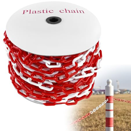 XMTECH Absperrkette Kunststoffkette Plastikkette, 6 mm Durchmesser, 25m Länge, rot-weiße Kette Gliederkette Sicherheitskette Baustellensicherheitskette, UV-beständig & frostresistent