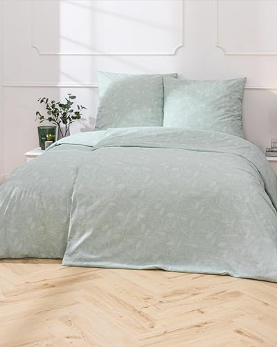 MTOnlinehandel Bettwäsche 135x200 Grün, Blumen-Ranke Zweige Blätter Mint, Baumwolle, Öko-Tex, für Allergiker geeignet, Reißverschluss, Kissenbezug 80x80 + Bettbezug 135x200, Traumhelden