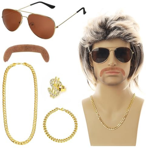 80er Jahre Outfit Vokuhila Perücke Herren 6er Set, 70er 80er Perücke Kostüm Männer Vokuhila Perücke Rockstar Cosplay Für Fasching Halloween Kostüm Party Accessoires