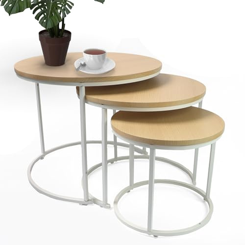 DIVCHI Runde Beistelltische aus Holz, Moderne Holzoptik mit Metallsockel, Couchtisch für kleine Räume, Nachttisch, Nachttisch für Wohnzimmer, Schlafzimmer, Balkon, Weiß, 3 Stück