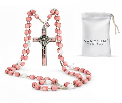 SANCTUM VERITAS Catholic Rosary Necklace | Large Bead Italian Rosary, Christian Prayer Beads for Car Mirror Decor, First Communion Religious Gift for Men and Women, Catholic Keepsake (Soft Pink)