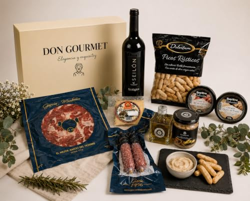 DON GOURMET, Cesta Gourmet para Regalar, Personalizable, Queso curado, jamón ibérico, Fuet ibérico, lote embutidos ibéricos, aceite de oliva, patés, pack ibéricos, Regalo Profesor.