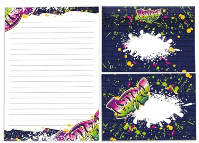 Juego de papel de carta, bloc de notas a rayas, con sobre, para niñas, niños, adultos, unisex, graffiti, multicolor, moderno (1 bloc A5 con 25 hojas + 15 sobres impresos a juego)