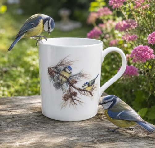 Rainbow Decors Blue Tit Birds Scene Fine Bone China 400 ml 14 fl oz Large Balmoral Cup Hand Decorated in UK