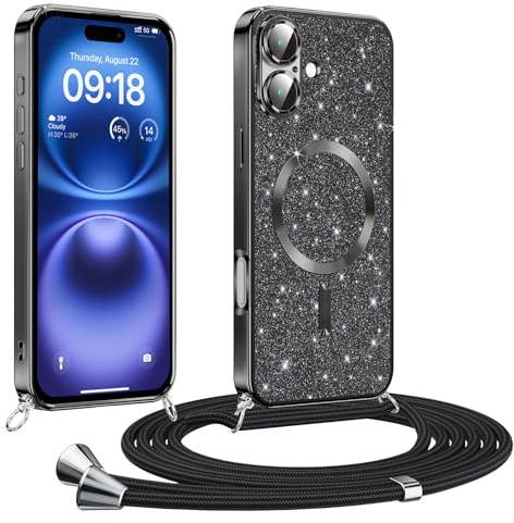Phoona handyband Hülle für iPhone 16 mit Band, Glitzer Handyhülle Kompatibel mit MagSafe, Ganzkörperschutz Kratzfeste Stossfest Schutzhülle mit Einstellbar Kette, Schwarz
