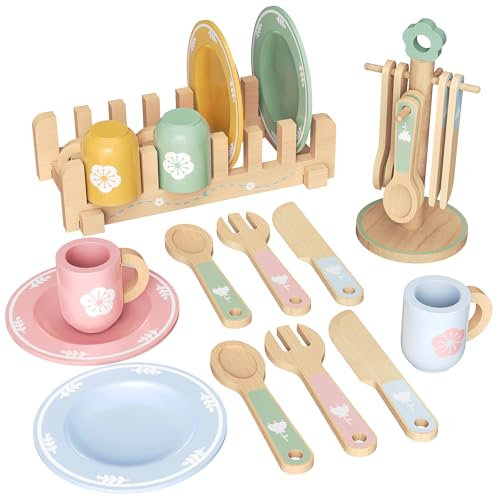 Kinderküche Geschirr Teeservice Kinder Holz, 29 Pcs Montessori Küchenzubehör mit Tassen Teller, Spielküche Zubehör Geschirr Teeservice Kinder Küchenzubehör Geschenk für Mädchen Jungen 4 5 6 7 8 Jahre