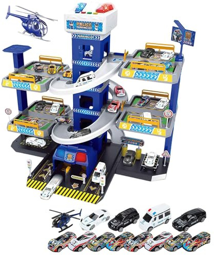 City Ultimate Garage Playset, Large Parking Garage Set with Electric Lift, Sound & Light, Includes 12 Alloy Toy Cars and 1airplane, Kids' play vehicle garages,Gift for 3 4 5 6 7 8 9 10 Boys (B)