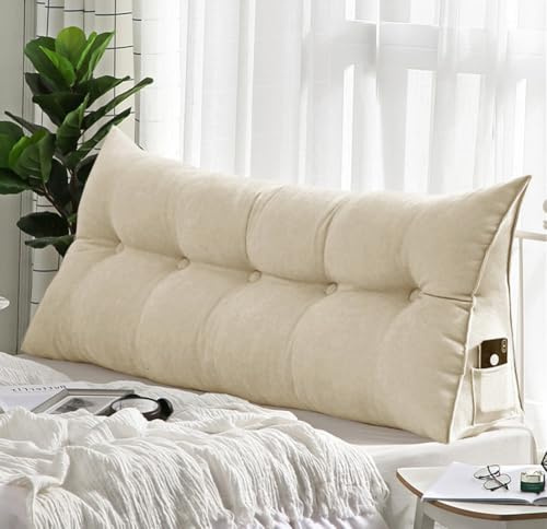 Rückenkissen Bett, Groß Lendenkissen Rückenlehne,180*20*50cm Keilkissen | Lesekissen, Kopfteilbett Rückenlehne, Waschbar Abnehmbar Lesekissen für Bett und Sofa (Beige)