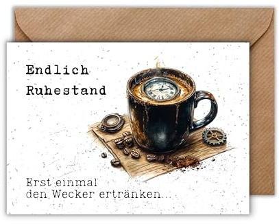 Lustige Ruhestandskarte mit Kaffeetasse & Wecker mit Umschlag – Karte zum Rentenbeginn für Kollegen und Kolleginnen – Humorvolle Abschiedskarte zum Ruhestand (DIN A6)