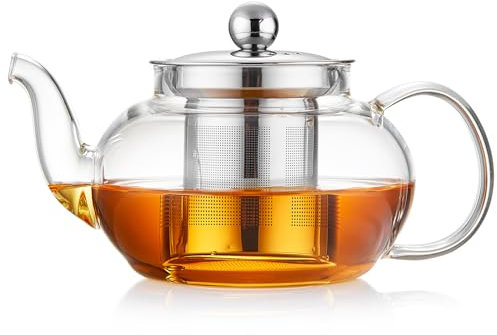 Teiera in Vetro Borosilicato da 600ml con Filtro in Acciaio Inox, Coperchio Elegante, Adatta per Fornelli e Microonde