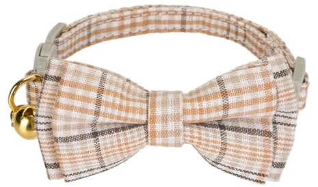 YUDOTE Kariertes Katzenhalsband mit Schleife, Schnellverschluss-Schnalle und bezaubernder Glocke, weicher und reiner Baumwollstoff für den täglichen Gebrauch, 1 Stück, Beige