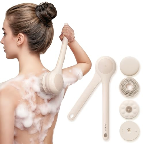 Oh,XIYU. Electric Body Brush Back Scrubber for Shower, Waterproof Long Dual Handle Body Scrubber with 3 Heads, Bath Brush & 2 Speeds, for Cleansing, Exfoliating and Massaging Skin, Chrysanth Pink
