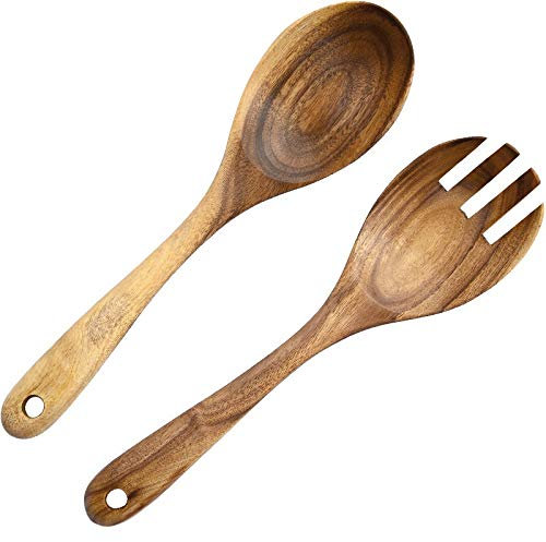 MMRTDJDR Teaspoons Large Wooden Spoon Set， Big Salad Serving Spoon Fork Natural Wood Tablespoon Long Handled Cooking Spoon， Kitchen Utensils