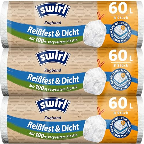 Swirl Sacchetti per la spazzatura antistrappo e a tenuta stagna, 60 l, confezione da 3 pezzi con 24 sacchetti, extra resistenti, antigoccia