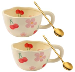 Wideotng Paquete de 2 tazas de café de cerámica, 8 onzas, hechas a mano, bonitas tazas de chocolate caliente para niña y mamá, taza de leche estética con asa para espresso, latte, cacao, regalo, apto