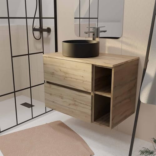 AURLANE Meuble de Salle de Bains 80cm Timber Décor Chêne 2 Tiroirs et Module - Plan et Vasque Noire