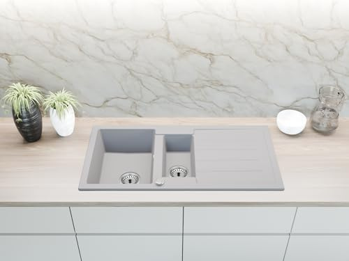 Faizee Home | Spülbecken Grau 100x50 cm aus Granit – Modell Napoli mit 1,5 Becken & Abtropffläche | Beidseitig montierbare Einbauspüle | Küchenspüle inkl. Siphon-Set