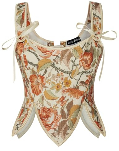 Skarlet mörker kvinnor renässans korsett vintage spets upp blomtryck korsett topp, Orange blommor, 40