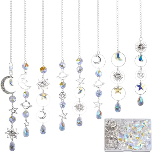 SUNNYCLUE 1 Box DIY 8 Sets Sonne Mond Sonnenfänger Set Sonnenfänger Kristalle Vintage Antik Silber Tibetischer Stil Facettierte ab Farben Regenbogen Maker Sonnenfänger Set Für Geburtstage Sommerpartys
