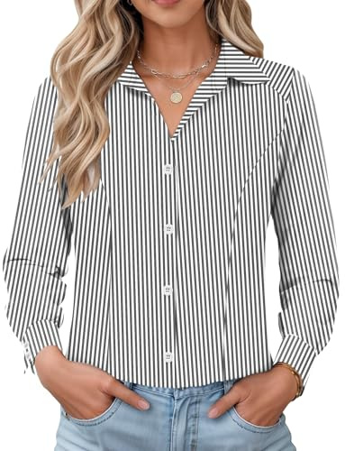 IECCP Damen Bluse Langarm Slim Fit Hemd Baumwolle Basic Business Streifenbluse mit Knopleiste Elegant Hemden Formelle Knitterfrei Office Leisure Frauen Shirts 2026(Schwarz Streifen,XXL)