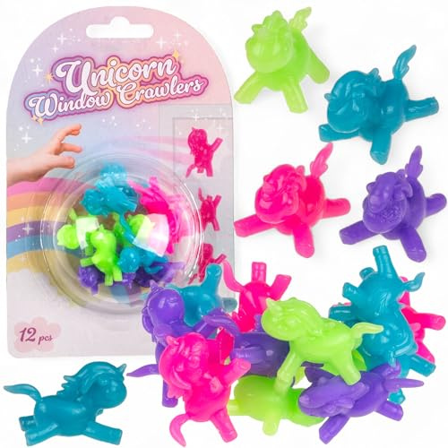 MIJOMA 12er Set Fensterläufer – Klebende Krabbelfiguren aus TPR, ca. 3 cm – Bunte Kletter-Figuren zum Spielen & Dekorieren – Für Kindergeburtstag & Mitgebsel (Einhorn)